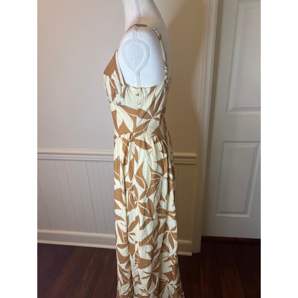 Lulus Tropical Leaf Print Bustier Midi Dress Tan‎ Cream Linen Blend Summer S - Picture 10 of 14